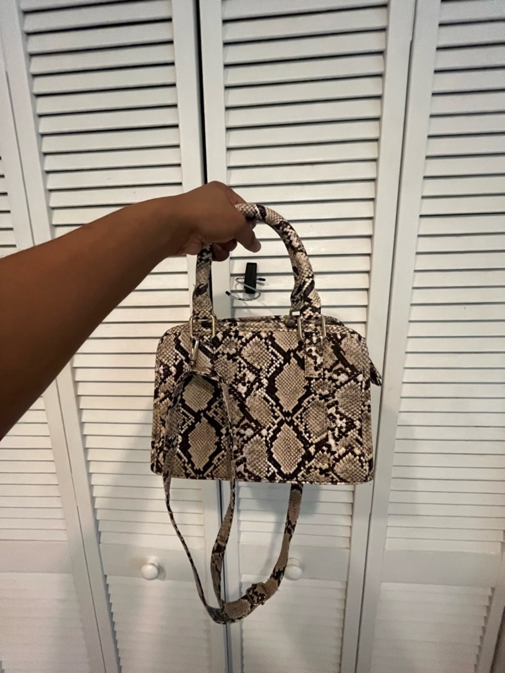 Python-Print Top-Handle Crossbody Bag in Beige and Brown - Picture 3 of 4